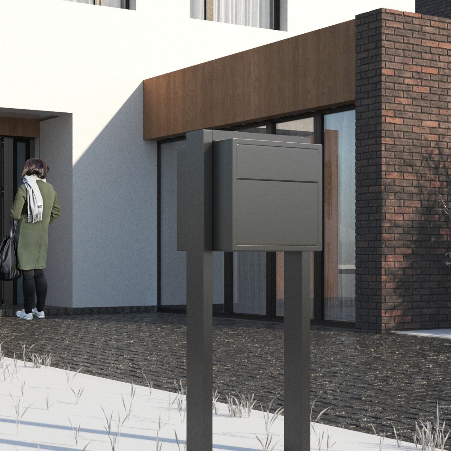 BURG 1 Standalone - Post-mounted locking mailbox in black with stainless steel flap